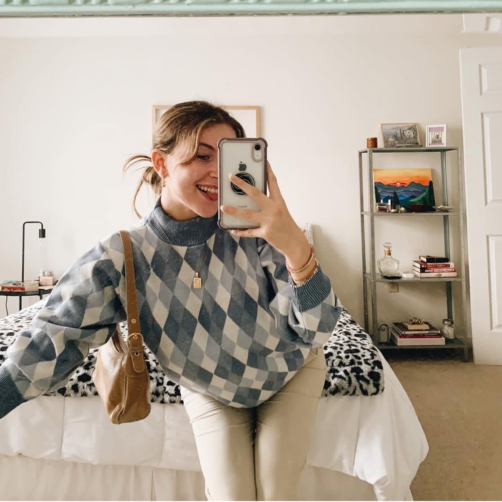 Alfred Dunner Blue Argyle Mock Neck Sweater